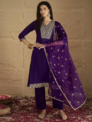 Varanga Women Zari Embroidered Yoke Kurta With Trouser & Sequins Detailed Dupatta